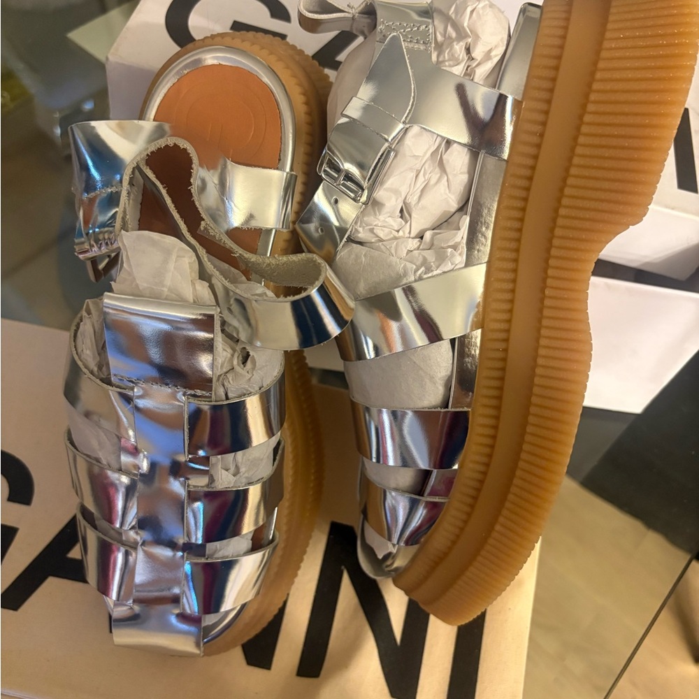 Ganni Silver Strappy Sandals new in the box sz 10 - Picture 9 of 14